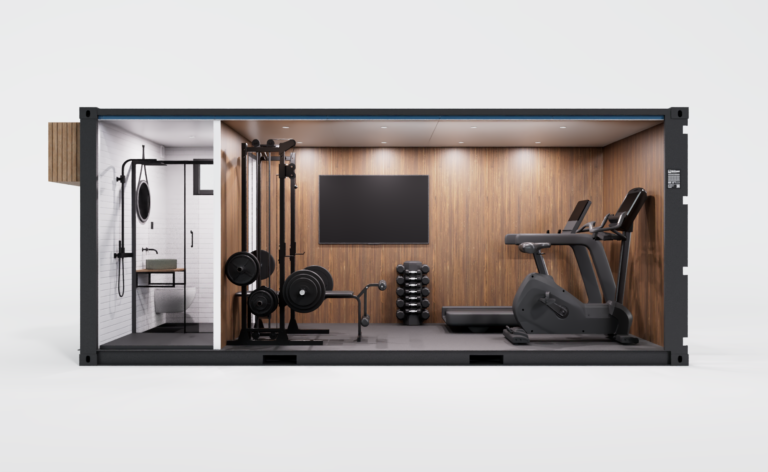Aménagement intérieur d’un container de sport 20FT avec tapis de course et vélo