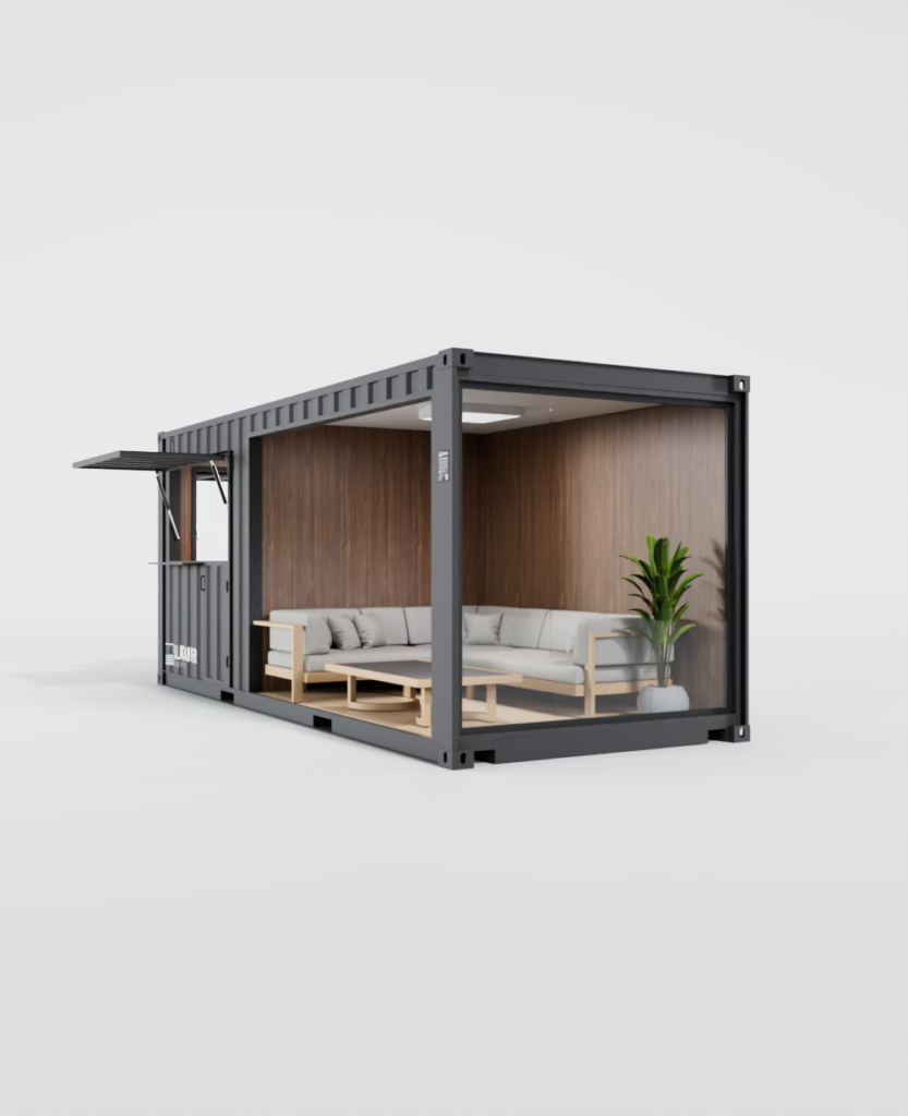 Container pool house moderne aménagé en espace lounge extérieur