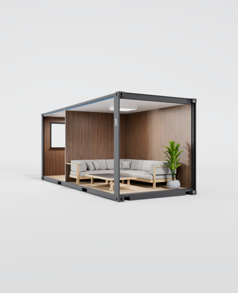 Modélisation 3D d’un container pool house avec canapé et table basse