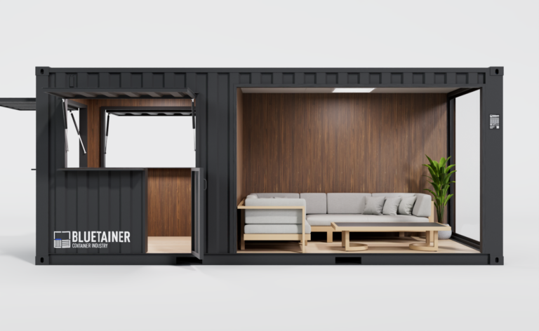Container aménagé en pool house avec bar ouvert et coin lounge