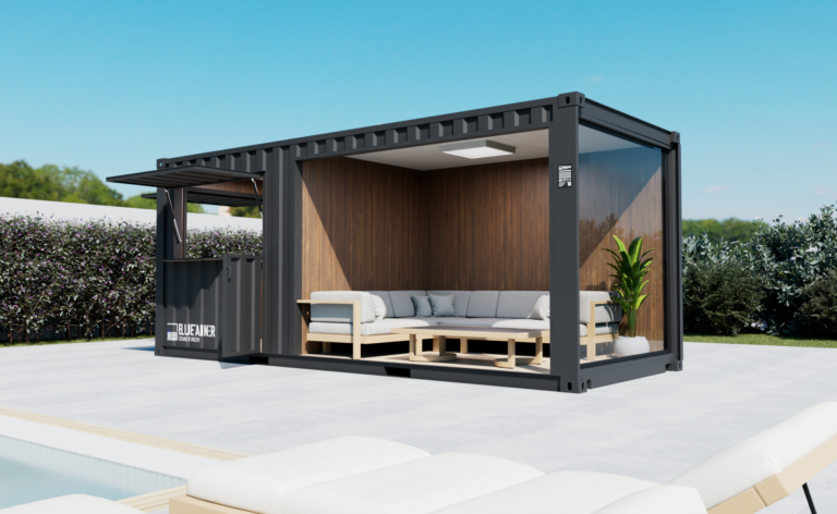 Container aménagé en pool house avec bar extérieur et salon moderne