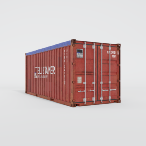 Conteneur maritime d'occasion open top rouge avec une bâche bleue de protection.