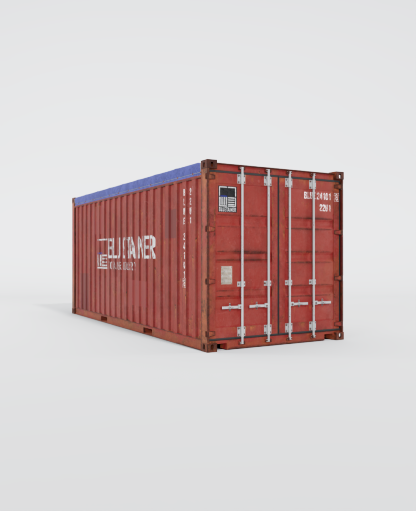 Conteneur maritime d'occasion open top rouge avec une bâche bleue de protection.