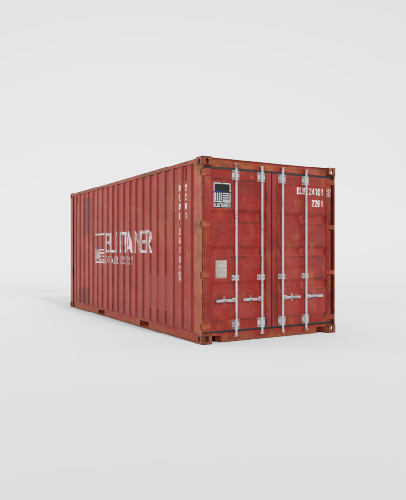 Conteneur maritime 20 pieds d'occasion avec des marques d'usure et d'identification.