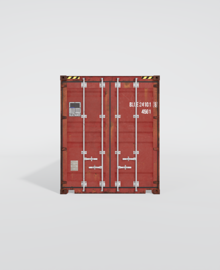 Conteneur maritime d'occasion de 40 pieds High Cube rouge avec des marques d'usure.