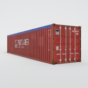 Conteneur maritime open top d'occasion de 40 pieds, rouge avec une bâche bleue de protection.
