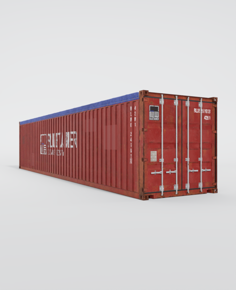 Conteneur maritime open top d'occasion de 40 pieds, rouge avec une bâche bleue de protection.