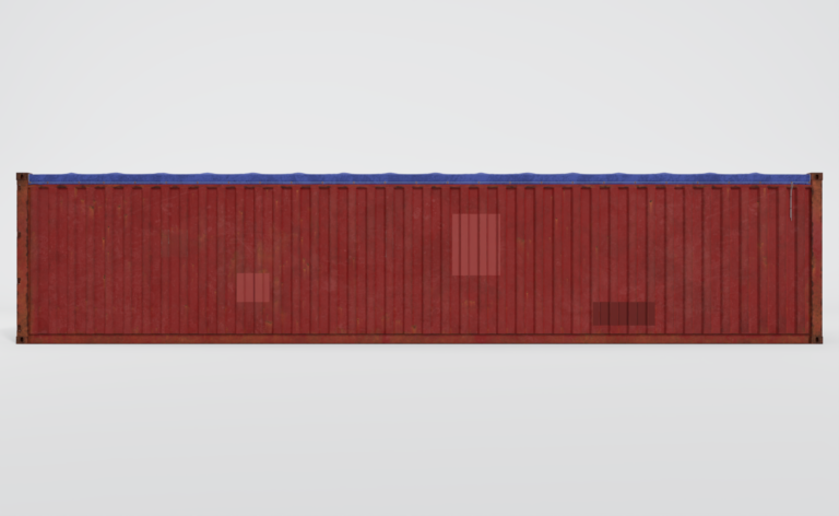 Conteneur maritime open top d'occasion de 40 pieds, rouge avec une bâche bleue de protection.