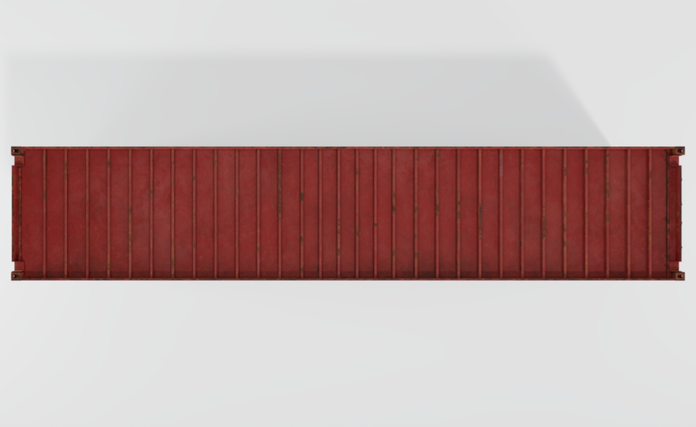 Conteneur maritime open top d'occasion de 40 pieds, rouge avec une bâche bleue de protection.