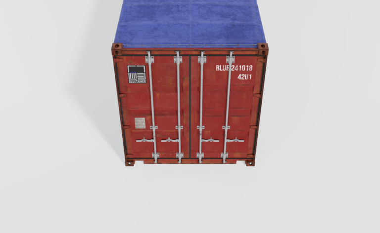 Conteneur maritime open top d'occasion de 40 pieds, rouge avec une bâche bleue de protection.