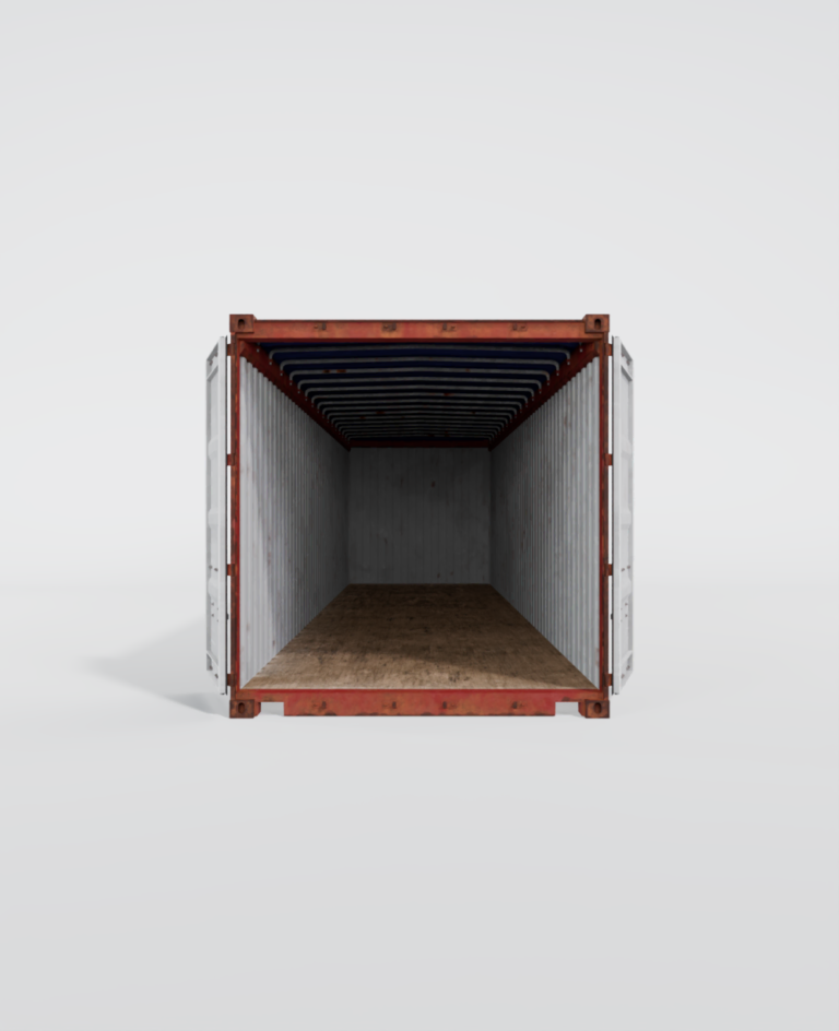 Conteneur maritime open top d'occasion de 40 pieds, rouge avec une bâche bleue de protection.