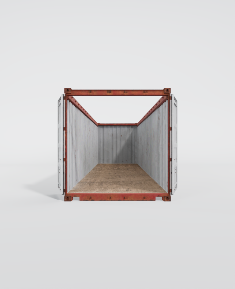 Conteneur maritime open top d'occasion de 40 pieds, rouge avec une bâche bleue de protection.