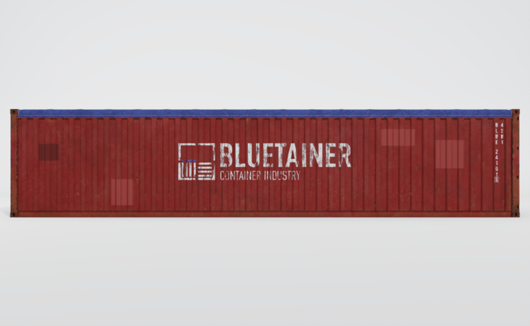 Conteneur maritime open top d'occasion de 40 pieds, rouge avec une bâche bleue de protection.