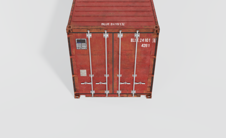 Conteneur maritime d'occasion de 40 pieds rouge avec des marques d'usure et de rouille.