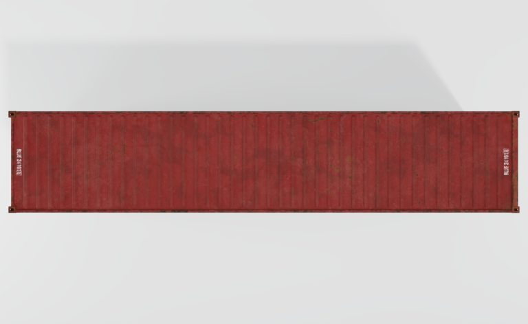 Conteneur maritime d'occasion de 40 pieds rouge avec des marques d'usure et de rouille.