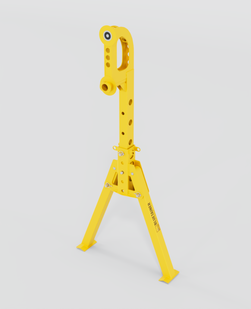 Confoot leg béquille de support jaune pour conteneurs maritimes, avec structure ajustable et pieds stabilisateurs.