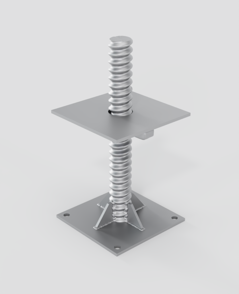 Vérin de mise à niveau (leveling pad) en métal pour stabiliser et ajuster la hauteur des conteneurs maritimes.
