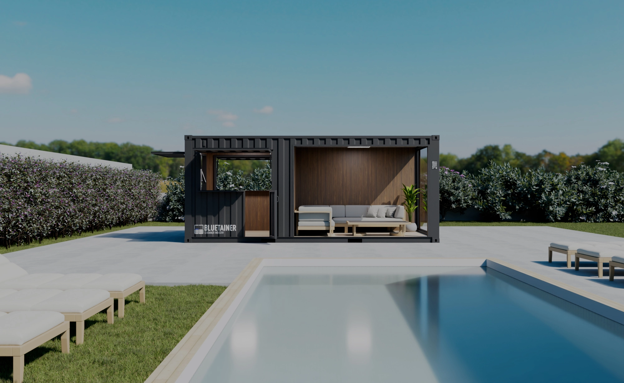 Pool house conteneur Bluetainer 20 ft aménagé en salon extérieur design au bord d’une piscine moderne