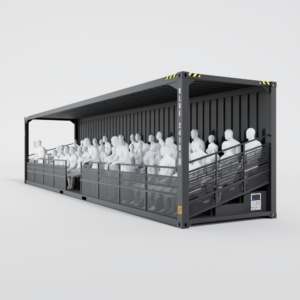 Container 40 pieds aménagé en gradins avec spectateurs assis.