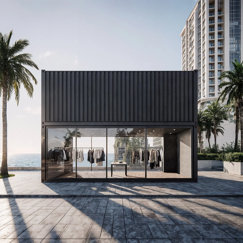 Container maritime aménagé en boutique et showroom vitré installé en front de mer.