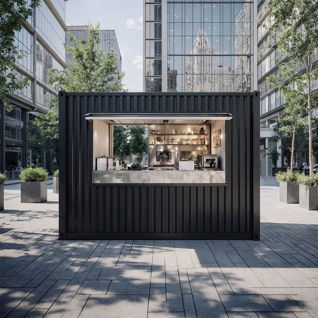 Container maritime aménagé en kiosque de restauration avec comptoir ouvert et cuisine professionnelle.