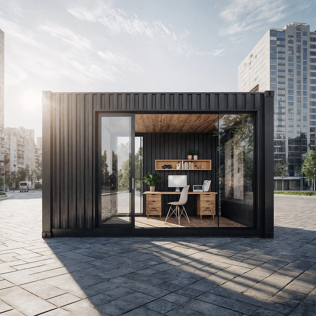 Container maritime transformé en bureau vitré moderne avec mobilier en bois.