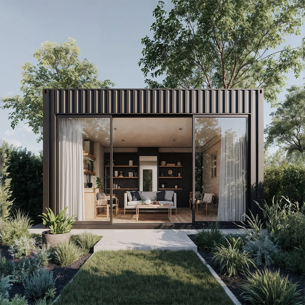 Container maritime aménagé en tiny home moderne avec cuisine, coin nuit et salon vitré.
