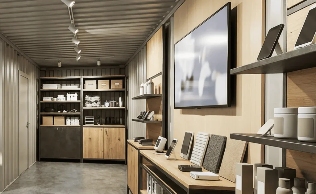 Container activation marketing événementielle avec écran intégré et espace d’interaction client