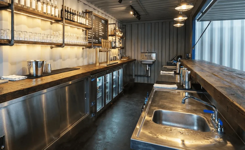 Container bar événementiel avec comptoir bois, réfrigération intégrée et aménagement professionnel