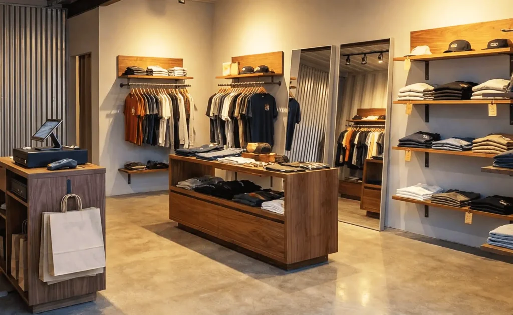 Container pop-up store événementiel aménagé en boutique textile avec mobilier bois et éclairage professionnel