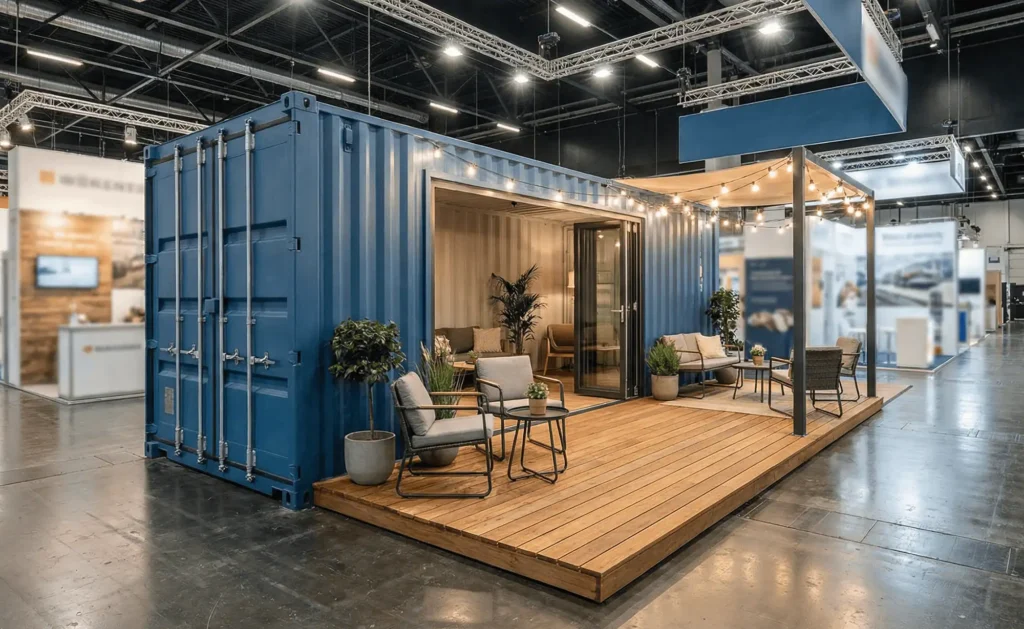 Container événementiel aménagé en stand de salon professionnel avec terrasse bois et espace lounge