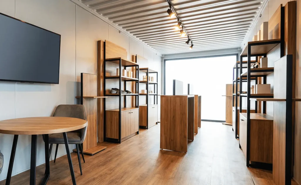 Container showroom mobile aménagé avec étagères design et espace de présentation produit