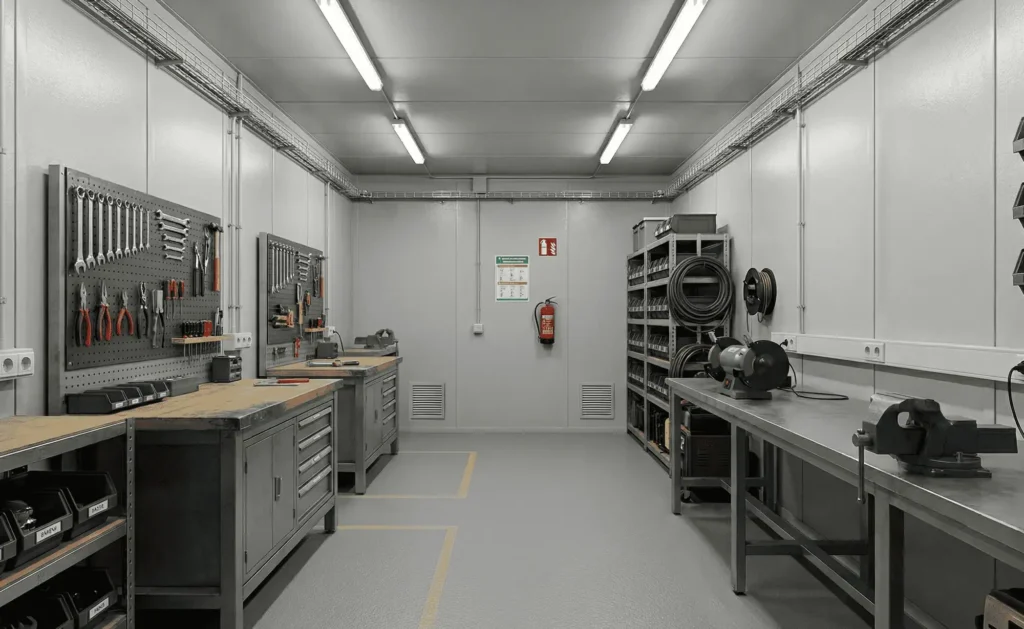 Container atelier industriel équipé pour maintenance et intervention technique