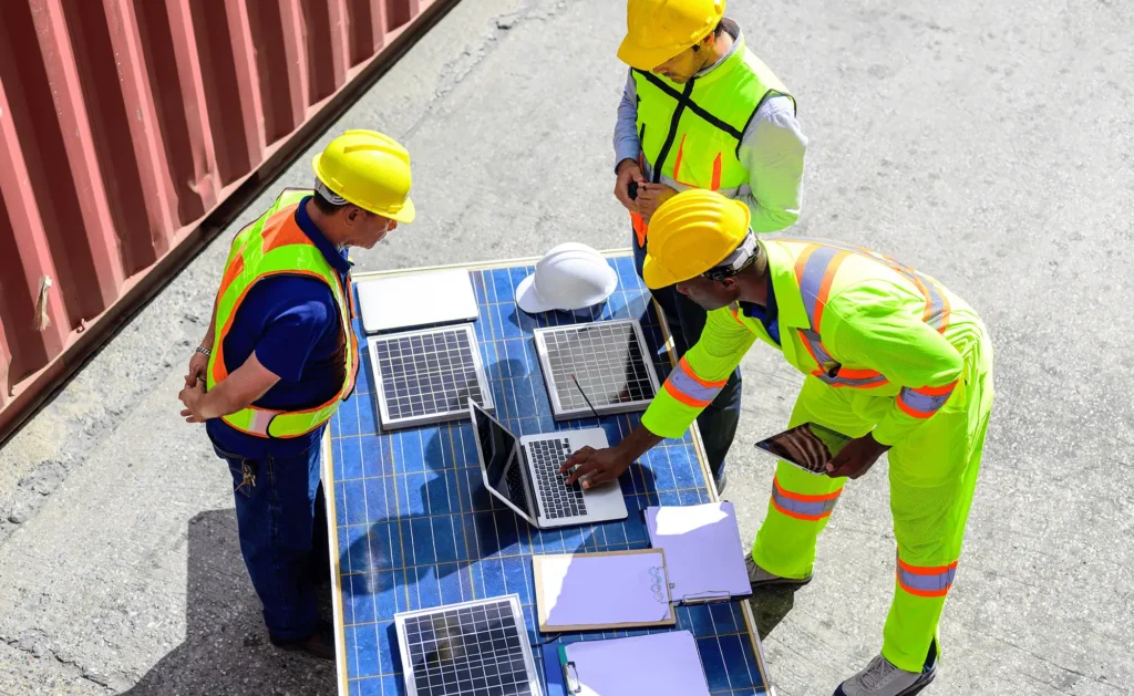 Équipe technique analysant l’intégration d’équipements énergétiques sur un container industriel