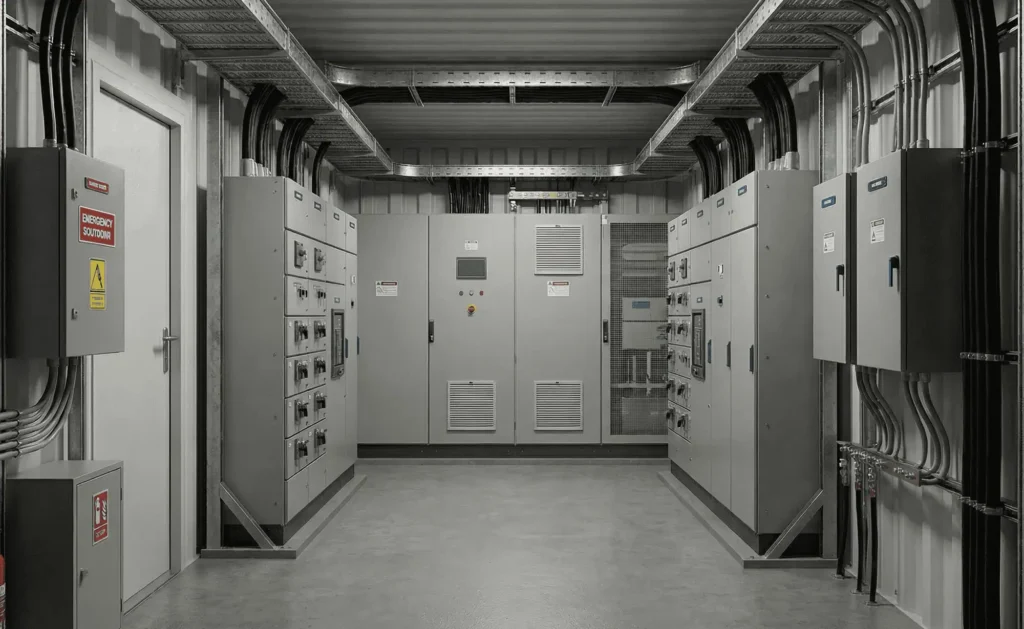 Container énergie électrique industriel avec armoires et tableaux électriques