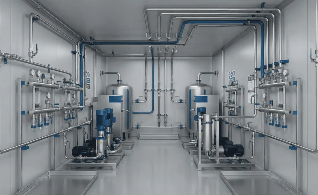 Container industriel pour équipements de fluides avec réseaux de tuyauterie intégrés