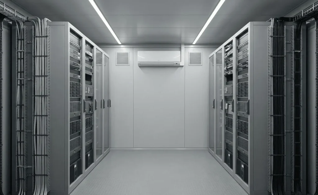 Container local technique industriel avec armoires électriques et réseaux intégrés