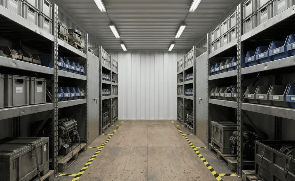 Container de stockage industriel sécurisé avec rayonnages et zones de circulation