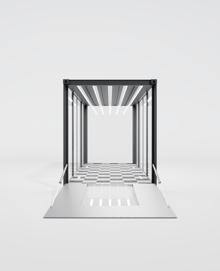 Façade frontale ouverte du Cargo Display X avec rampe déployée et éclairage LED visible.