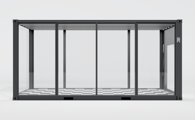 Vue de face latérale du Cargo Display X vide avec baies vitrées et sol damier.