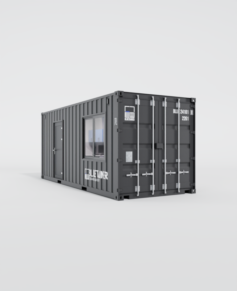 Conteneur 20 pieds aménagé en unité de soin mobile avec porte d'accès et fenêtre vitrée.