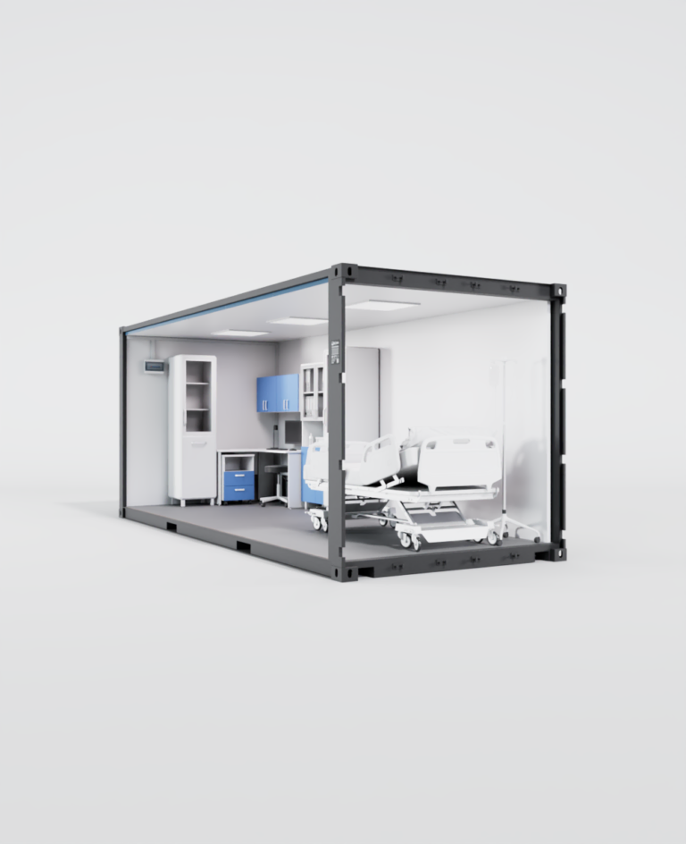 Vue en coupe d'un conteneur 20 pieds aménagé en unité de soin avec lit médical, poste de consultation et armoires de stockage.