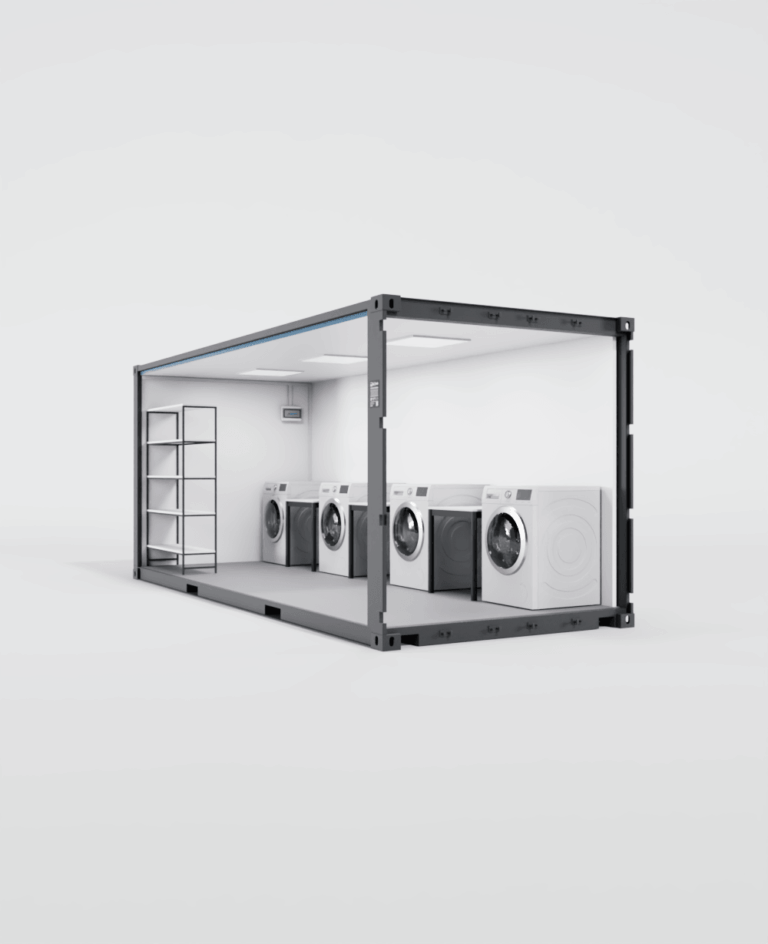 Vue en coupe d'un conteneur 20 pieds aménagé en laverie avec machines à laver, sèche-linge et étagères.