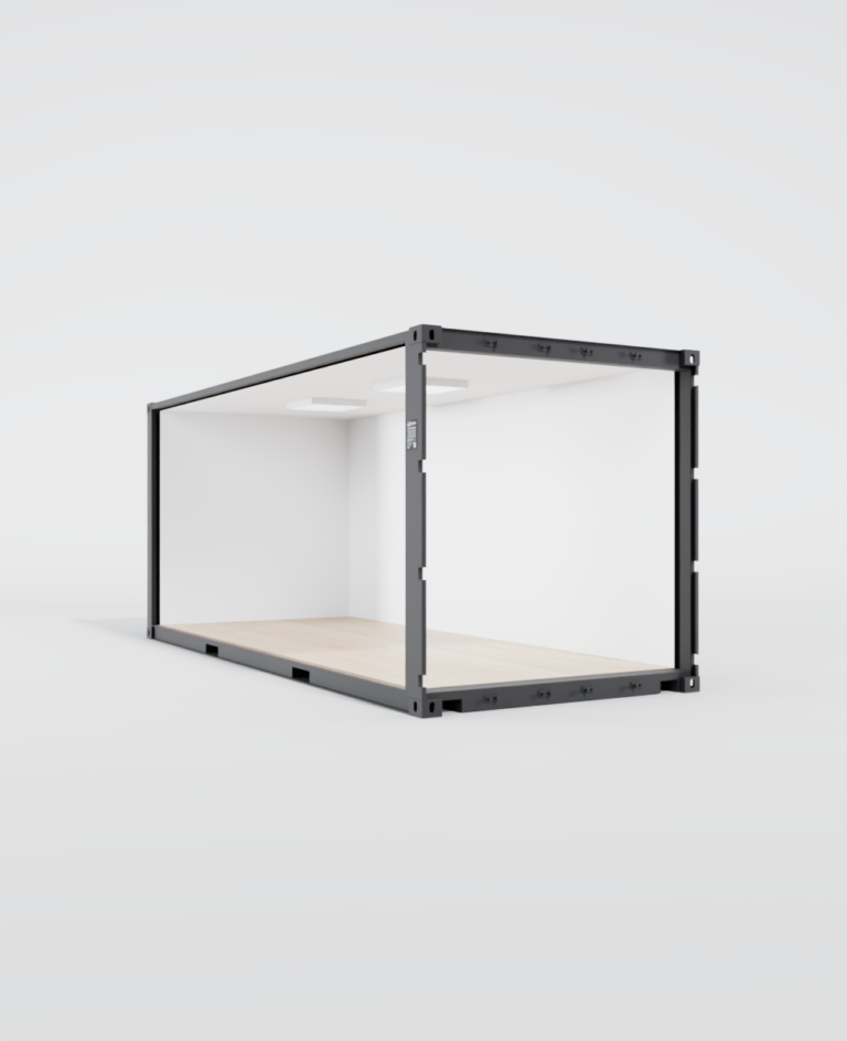 Conteneur 20 pieds aménagé en bureau avec baie vitrée coulissante.