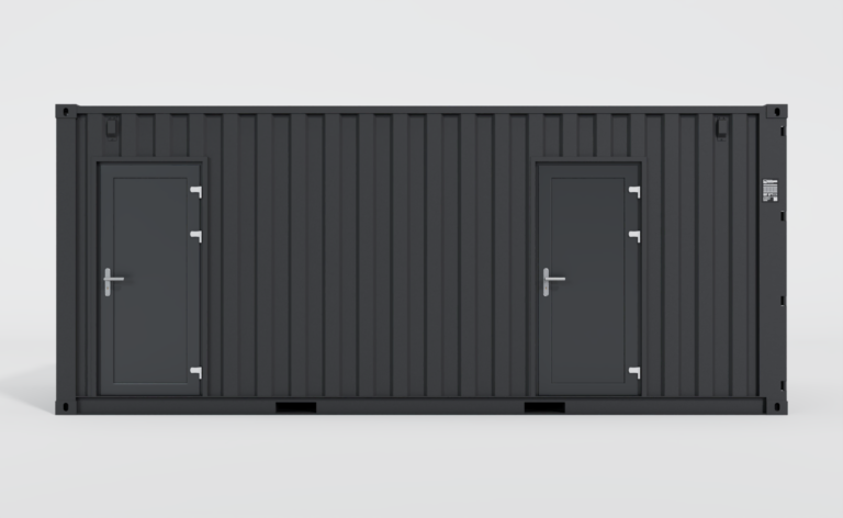 Façade frontale d'un conteneur 20 pieds aménagé en bloc sanitaire avec deux portes d'accès.