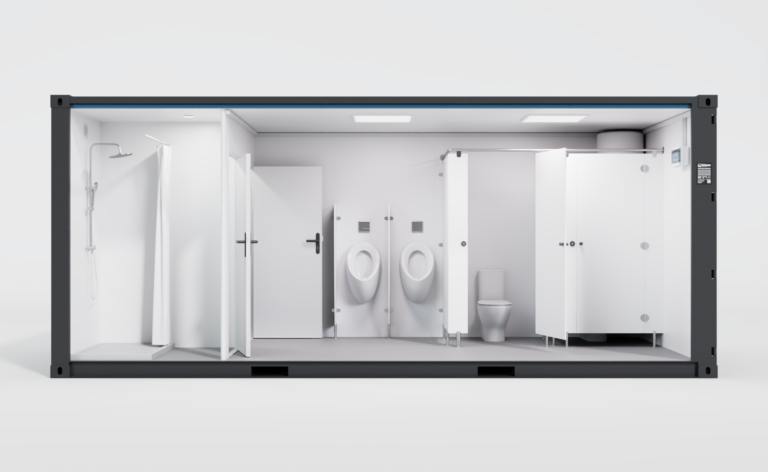 Vue de face d'un bloc sanitaire conteneur avec douche, urinoirs et cabine WC.