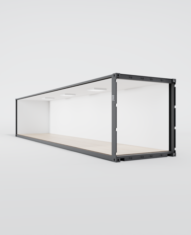 Conteneur 40 pieds aménagé en bureau grand format avec baies vitrées coulissantes.
