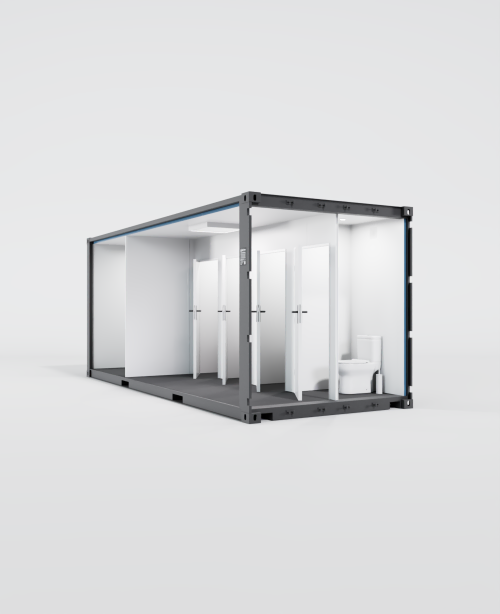 Vue en coupe d'un conteneur 20 pieds aménagé en bloc sanitaire avec cabines WC.